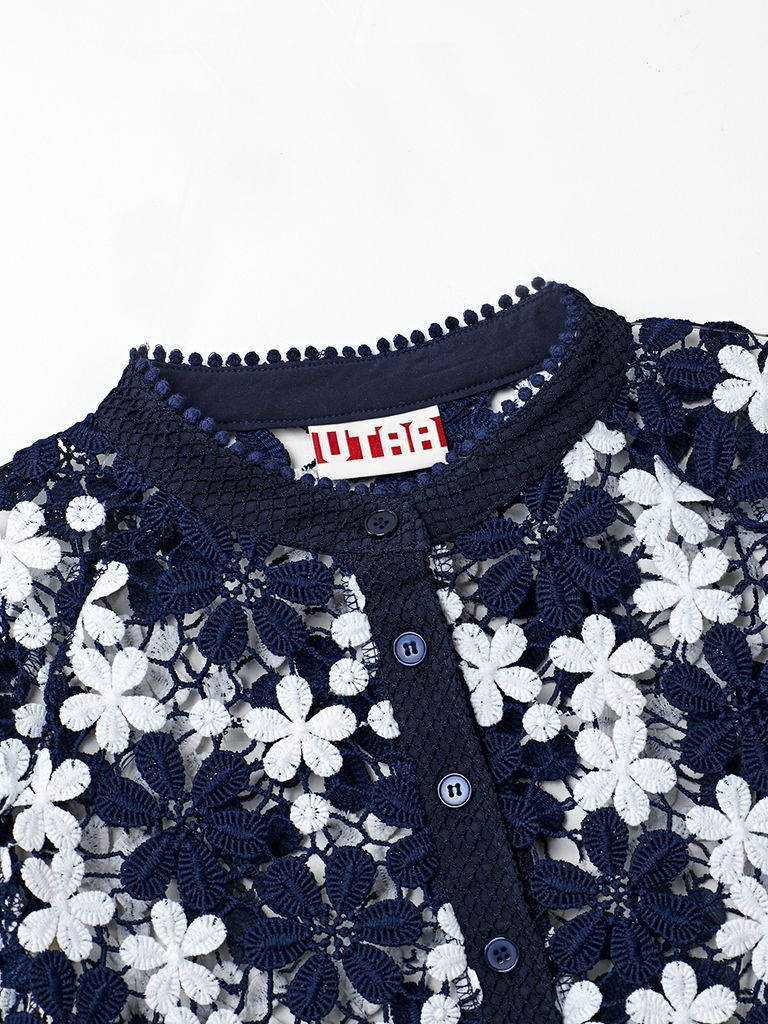 UTAA Lace Flower Net Henry Neck Blouse : Navy