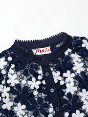 UTAA Lace Flower Net Henry Neck Blouse : Navy