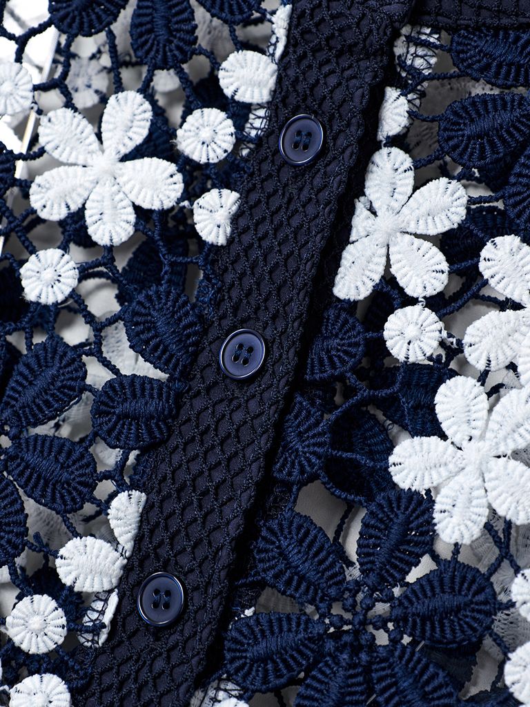 UTAA Lace Flower Net Henry Neck Blouse : Navy