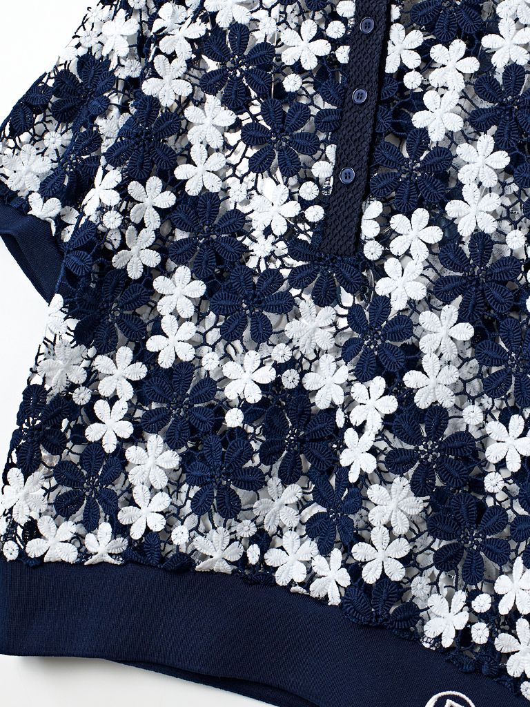 UTAA Lace Flower Net Henry Neck Blouse : Navy