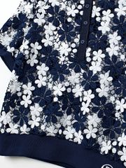 UTAA Lace Flower Net Henry Neck Blouse : Navy