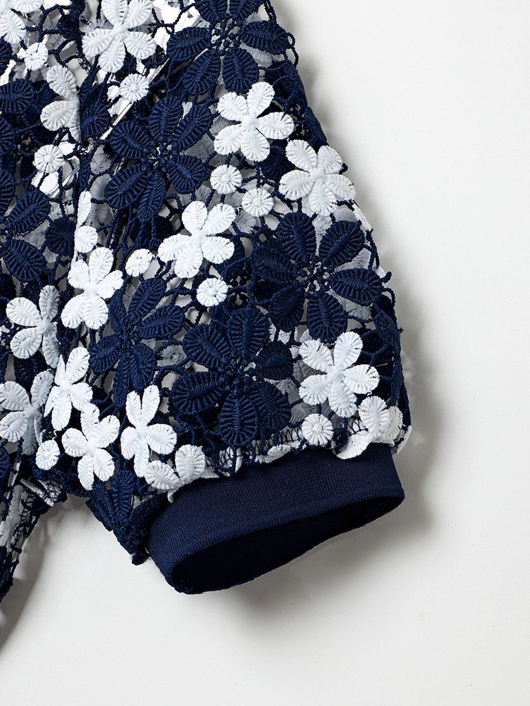 UTAA Lace Flower Net Henry Neck Blouse : Navy