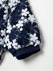 UTAA Lace Flower Net Henry Neck Blouse : Navy