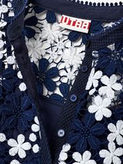 UTAA Lace Flower Net Henry Neck Blouse : Navy