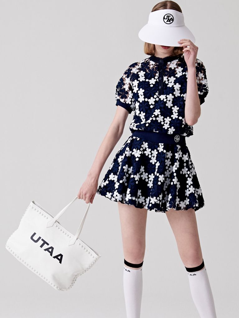 UTAA Lace Flower Net Henry Neck Blouse : Navy