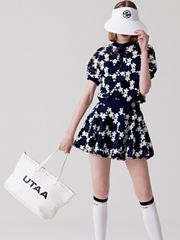 UTAA Lace Flower Net Henry Neck Blouse : Navy