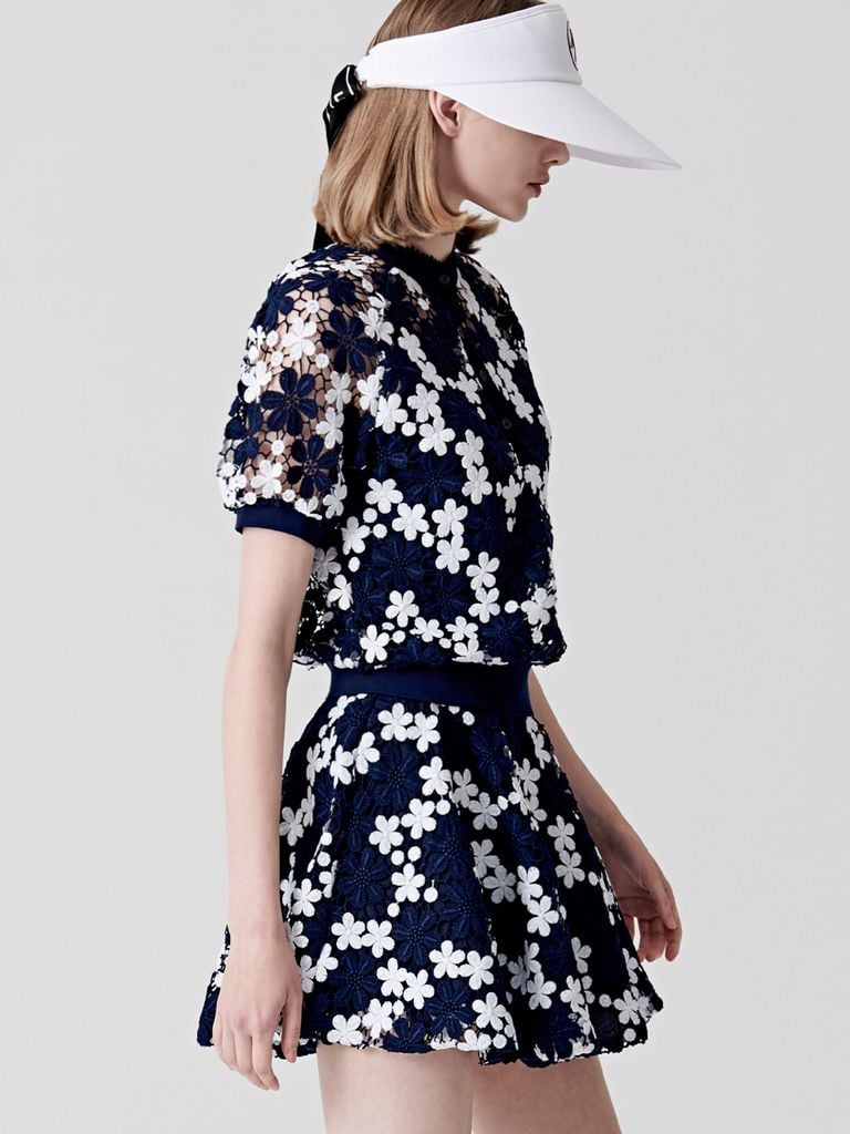 UTAA Lace Flower Net Henry Neck Blouse : Navy