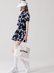 UTAA Lace Flower Net Henry Neck Blouse : Navy