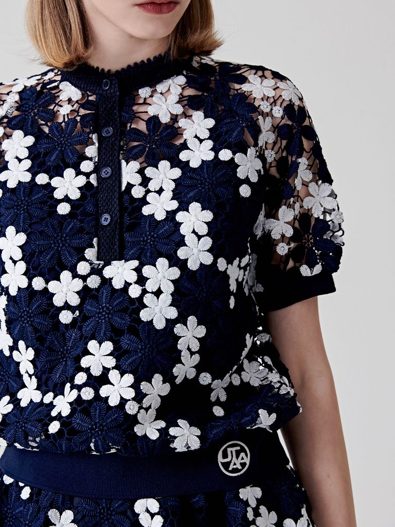 UTAA Lace Flower Net Henry Neck Blouse : Navy