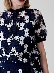 UTAA Lace Flower Net Henry Neck Blouse : Navy