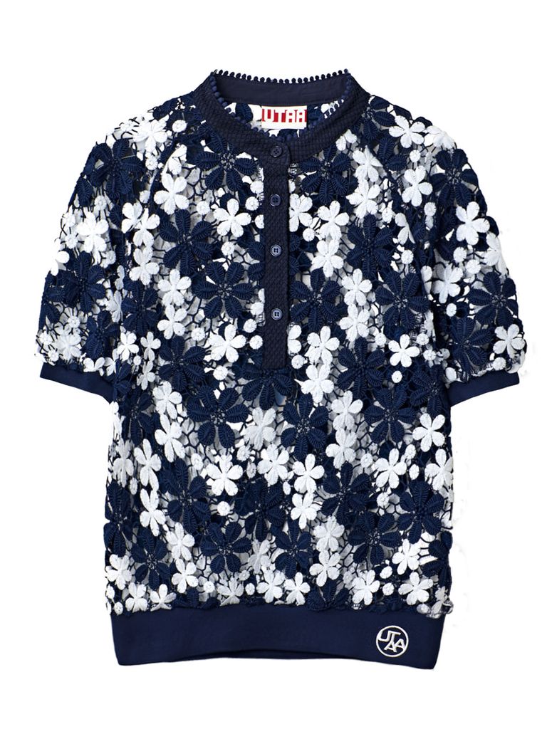 UTAA Lace Flower Net Henry Neck Blouse : Navy
