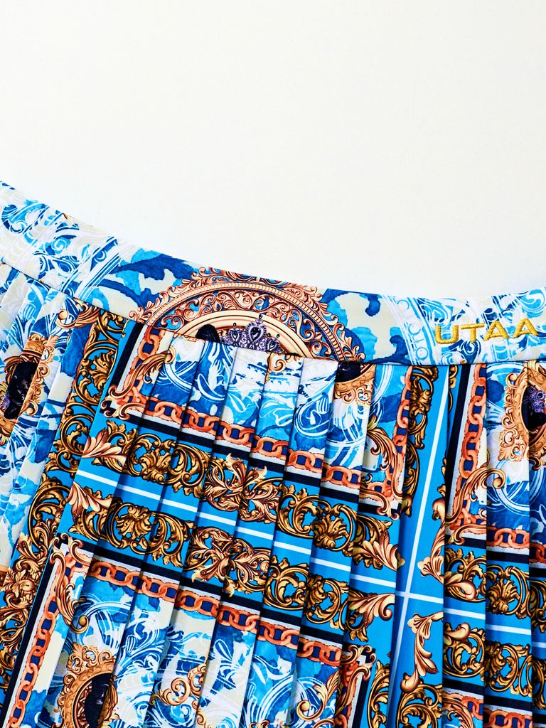 UTAA Neon Buckingham Pleats Skirt : BLUE