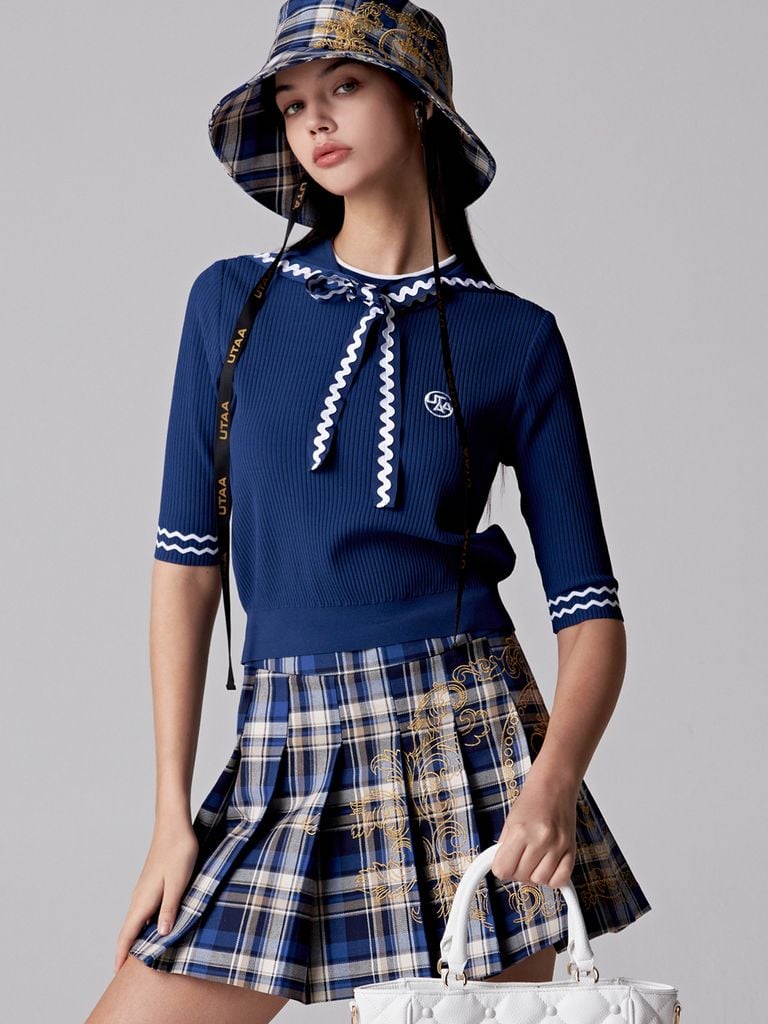 UTAA Imperial Gold Check Flare Skirt: Women's Blue