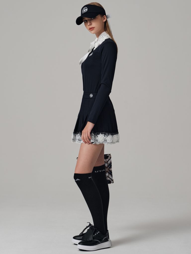 UTAA Notredame Floral Lace Pleats Skirt : Navy