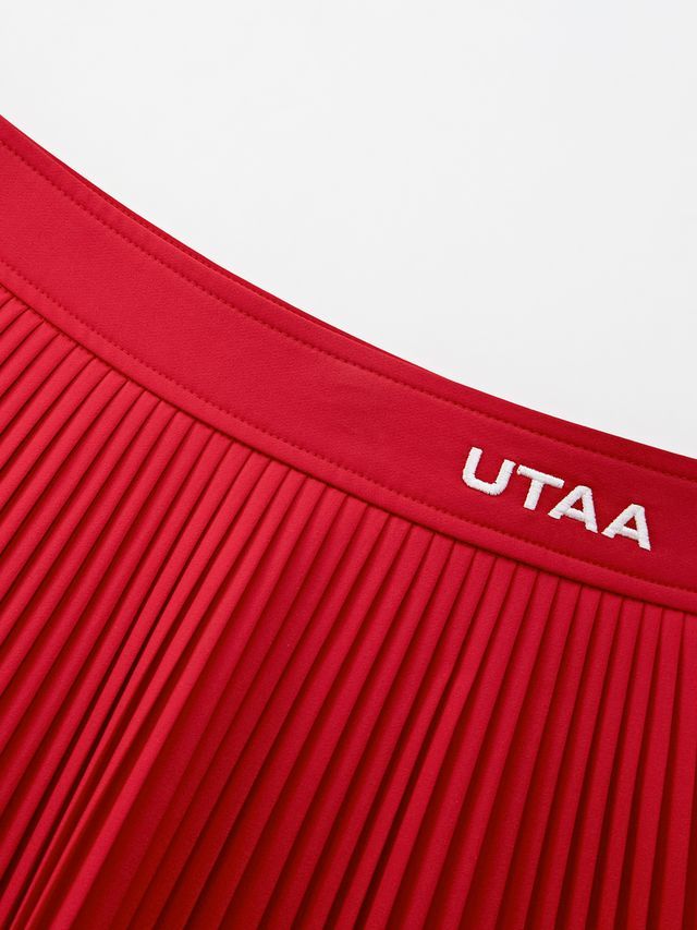 UTAA Curve Ring Line Pleats Skirt: Red