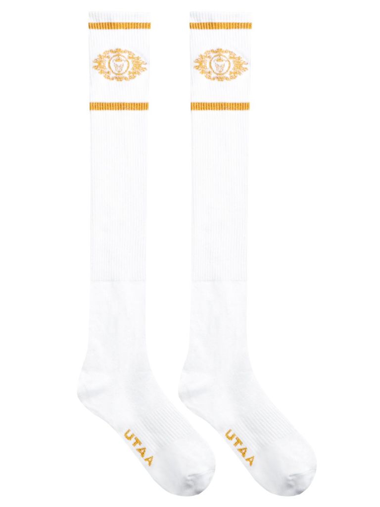 UTAA Crown Panther Glossy Knee Socks : Women's White