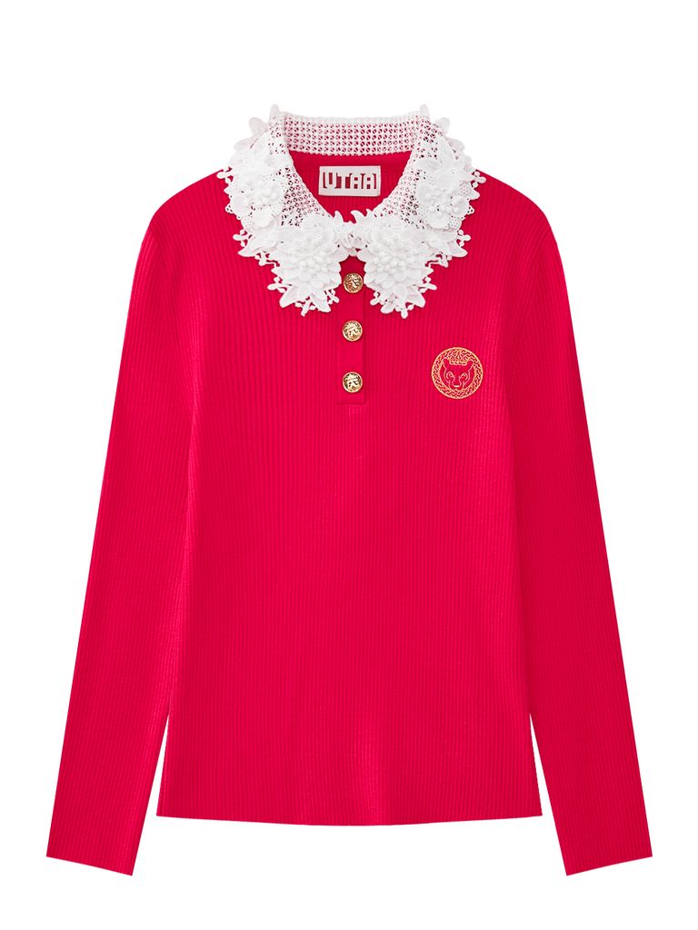 Ducat Floral Lace Rosy Color PK Knit Sleeve : Women's Dark Pink