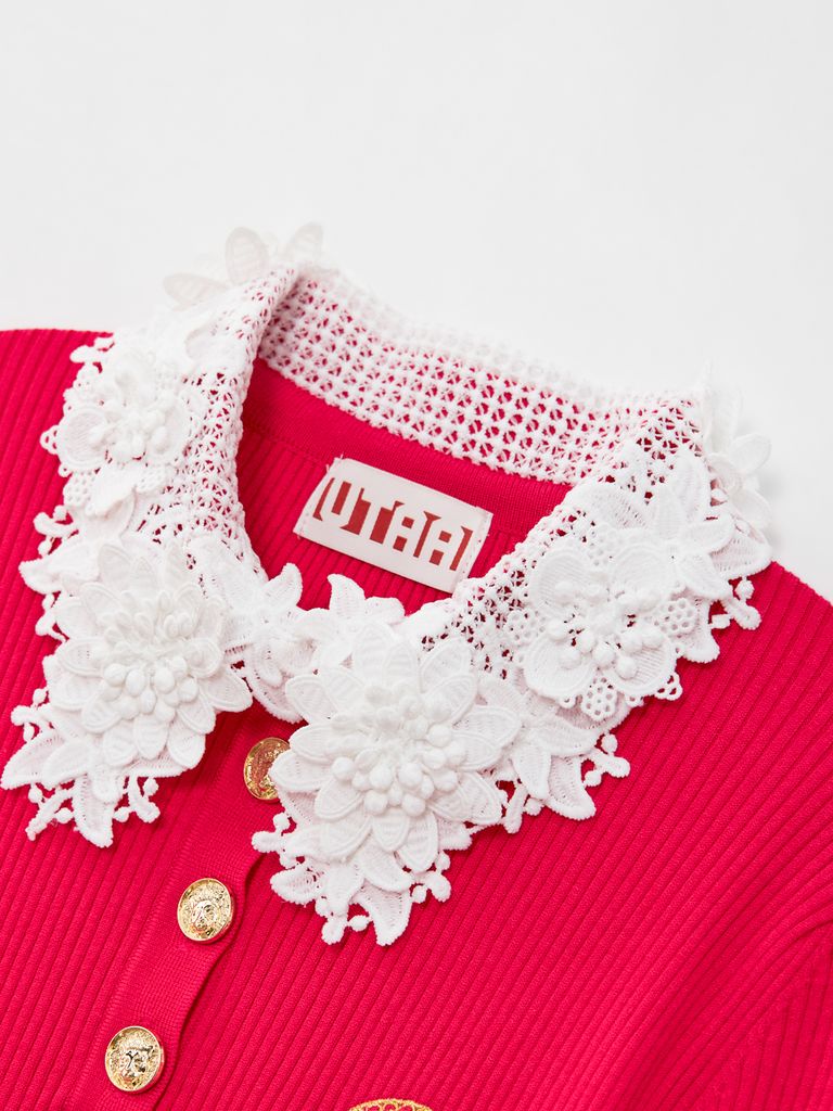 Ducat Floral Lace Rosy Color PK Knit Sleeve : Women's Dark Pink
