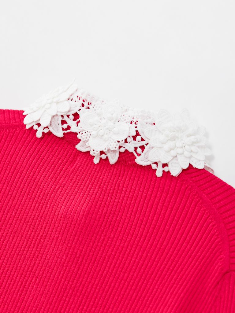 Ducat Floral Lace Rosy Color PK Knit Sleeve : Women's Dark Pink