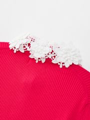 Ducat Floral Lace Rosy Color PK Knit Sleeve : Women's Dark Pink
