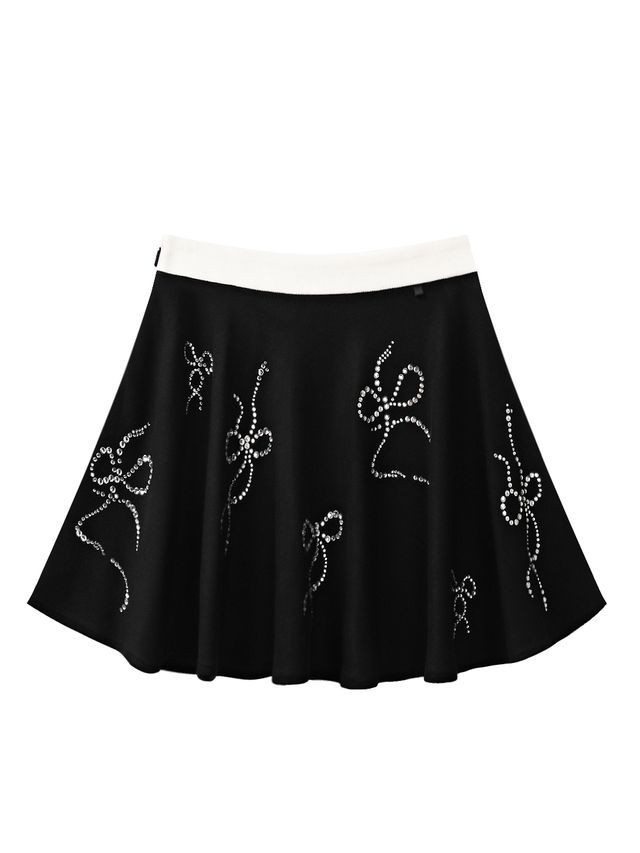 Crystal Ribbon Flare Knit Skirt: Women's Black