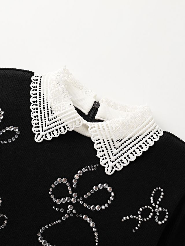 Crystal Ribbon Lace PK Knit : Women's Black