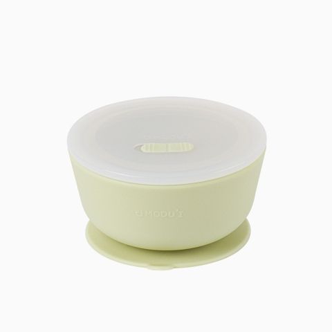 [COMBO] Khay ăn dặm oval chia 4 ngăn & Yếm họa tiết & Bát ăn dặm có nắp Silicone Bạch kim Modui Bluemama (màu xanh đậu)