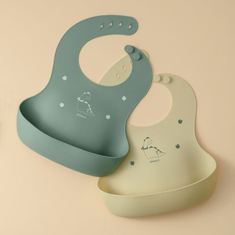 [COMBO] Khay ăn dặm oval chia 4 ngăn & Yếm họa tiết & Bát ăn dặm có nắp Silicone Bạch kim Modui Bluemama (màu xanh đậu)