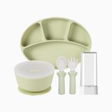 [COMBO] Khay ăn dặm oval chia 4 ngăn & Bộ muỗng nĩa kèm hộp & Bát ăn dặm có nắp Silicone Bạch kim Modui Bluemama (màu xanh đậu)