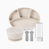 [COMBO] Khay ăn dặm oval chia 4 ngăn & Bộ muỗng nĩa kèm hộp & Bát ăn dặm có nắp Silicone Bạch kim Modui Bluemama (màu kem)