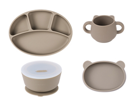 [COMBO] Khay ăn dặm oval chia 4 ngăn & Khay gấu có đế thường & Cốc hình gấu & Bát ăn dặm Silicone Bạch kim Modui Bluemama (màu be)