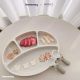 [COMBO] Khay ăn dặm oval chia 4 ngăn & Bộ muỗng nĩa Silicone Bạch kim Modui Bluemama (màu kem-xám)