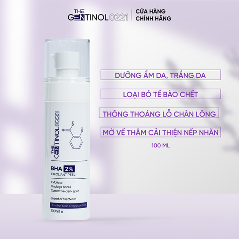 Dung dịch tẩy tế bào chết BHA 2% EXFOLIANT PEEL hỗ trợ dưỡng da trắng hồng, mờ vết nhăn The Gentinol 0221 100ml