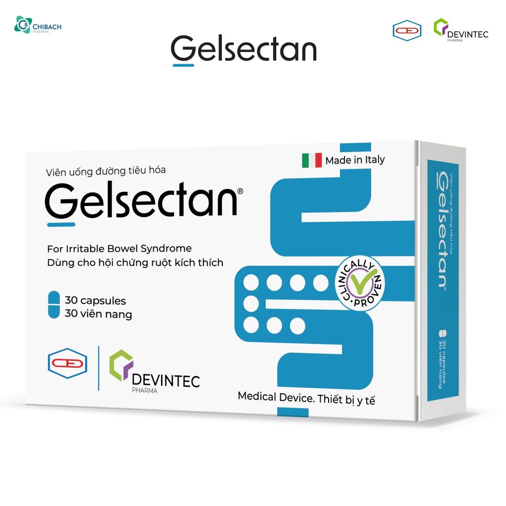 Viên uống Gelsectan hộp 30 viên, giúp giảm và phòng ngừa triệu chứng hội chứng ruột kích thích (IBS), Italia, Thiết bị y tế chính hãng từ Devintec