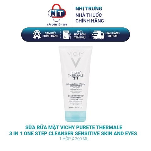  Sữa rửa mặt tẩy trang kiềm dầu Vichy Purete Thermale 3 In 1 One Step Cleanser Sensitive Skin And Eyes 200ml 