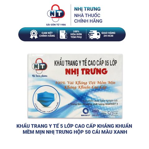  Khẩu trang y tế 5 lớp cao cấp kháng khuẩn mềm mịn Nhị Trưng Hộp 50 cái màu xanh 