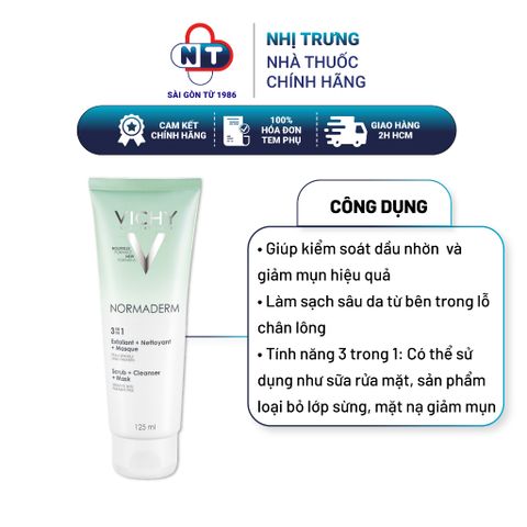  Sữa rửa mặt, mặt nạ làm sạch tế bào da chết dành cho da dầu mụn Vichy Normaderm 3 in 1 cleanser 125ml 