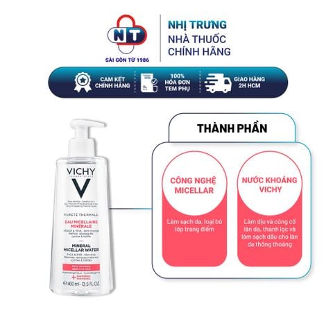  Nước tẩy trang cho da nhạy cảm Vichy Mineral Micellar Water Pureté Thermale 400ml 