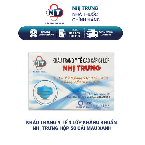  Khẩu trang y tế 4 lớp kháng khuẩn Nhị Trưng hộp 50 cái màu xanh 