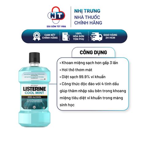  Nước Súc Miệng Không Cay Giúp Hơi Thở Thơm Mát Listerine Cool Mint Zero 750ml 