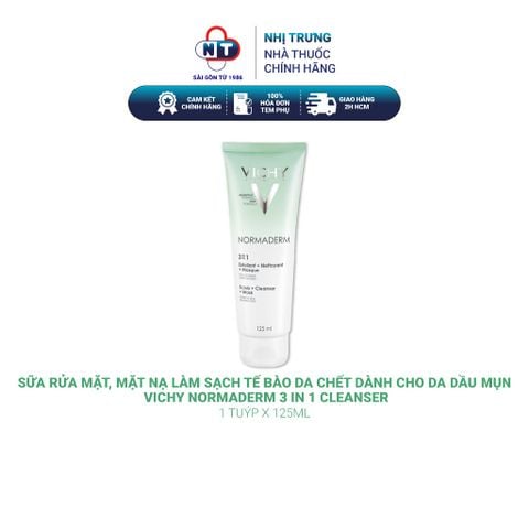  Sữa rửa mặt, mặt nạ làm sạch tế bào da chết dành cho da dầu mụn Vichy Normaderm 3 in 1 cleanser 125ml 