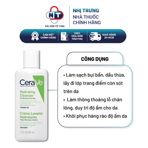  Sữa rửa mặt giúp làm sạch sâu dành cho da thường và da khô CeraVe Hydrating Cleanser 88ML 