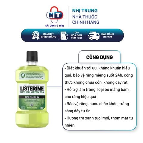  Nước Súc Miệng Ngừa Sâu Răng Vị Trà Xanh Không Cay Listerine Natural Green Tea 750ml 