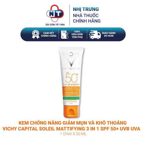  Kem chống nắng giảm mụn và khô thoáng Vichy Capital Soleil Mattifying 3 In 1 SPF 50+ UVB UVA 50ml 