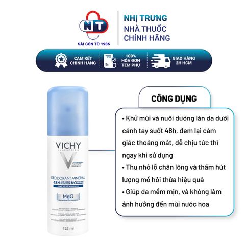  Xịt Khử Mùi Khô Thoáng Suốt 48h Vichy Deodorant Mineral 125ml 