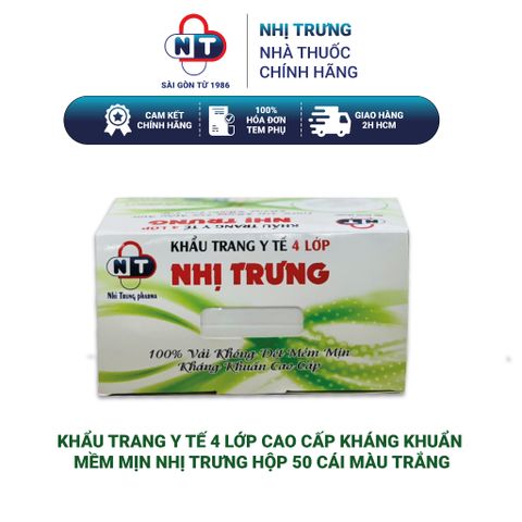  Khẩu trang y tế 4 lớp cao cấp kháng khuẩn mềm mịn Nhị Trưng hộp 50 cái màu trắng 