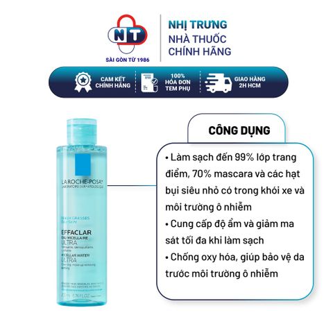  Nước tẩy trang sạch sâu và kiểm soát nhờn cho da dầu La Roche-Posay Effaclar Micellar Water Ultra Oily Skin 200ml 