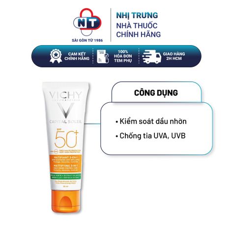  Kem chống nắng giảm mụn và khô thoáng Vichy Capital Soleil Mattifying 3 In 1 SPF 50+ UVB UVA 50ml 