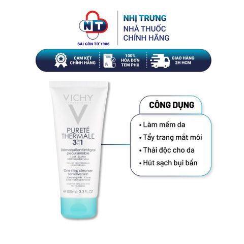  Sữa rửa mặt tẩy trang kiềm dầu Vichy Purete Thermale 3 In 1 One Step Cleanser Sensitive Skin And Eyes 100ml 