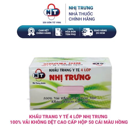  Khẩu trang y tế 4 lớp Nhị Trưng 100% vải không dệt cao cấp 50 cái màu hồng 